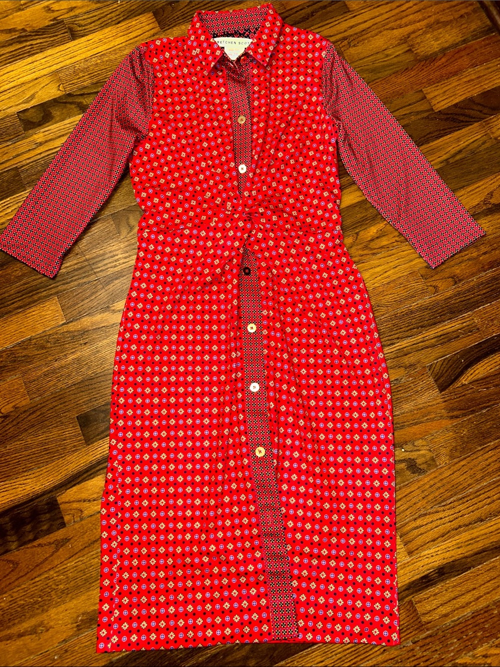 Gretchen Scott Designs Red Printed Midi Shirt Dress